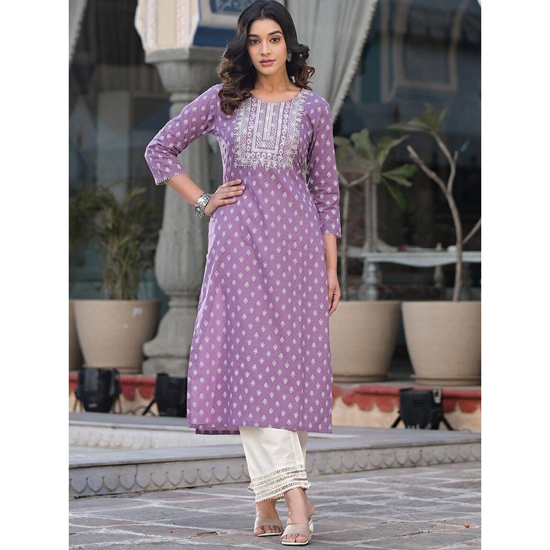 PHYSIL Ethnic Motifs Embroidered Gotta Patti Cotton Straight Kurta