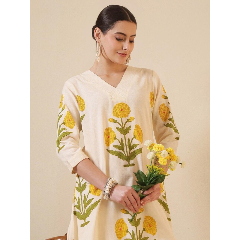 PHYSIL Women Ethnic Motifs Printed Pure Cotton V-Neck A-Line Kurta