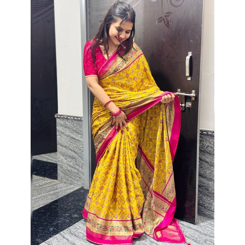 ROFOLO Ethnic Motifs Printed Mirror Work Pashmina Patola Saree