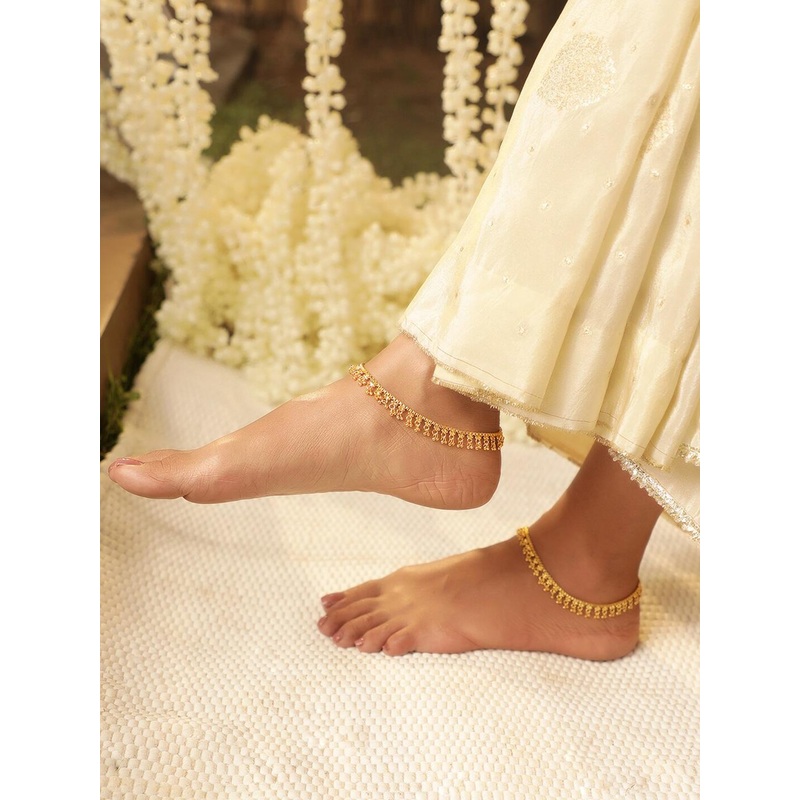 Rubans Set of 2 22K Gold-Plated Traditional Anklets with Gold Beads