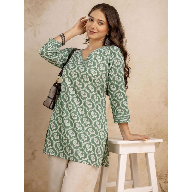 Sa Rasa Floral Printed Cotton V-Neck Short Kurti