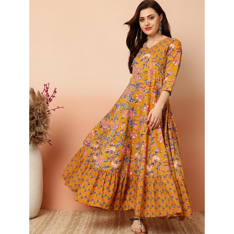 Sa Rasa Floral Printed V-Neck Angrakha Pure Cotton Anarkali Kurta