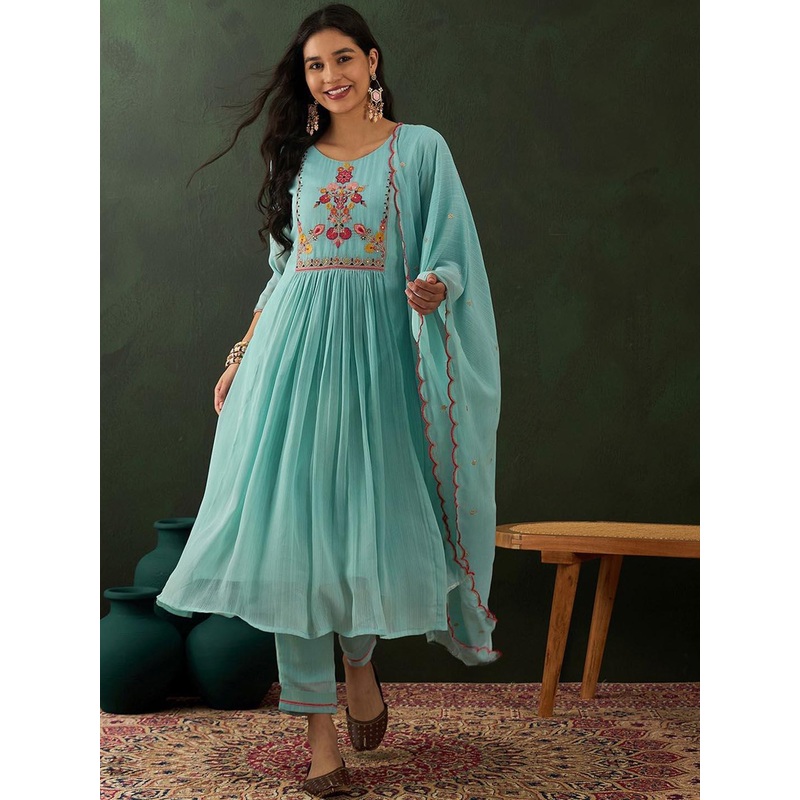 Sangria Blue Floral Embroidered Zari Sequince Anarkali Kurta With Trousers And Dupatta