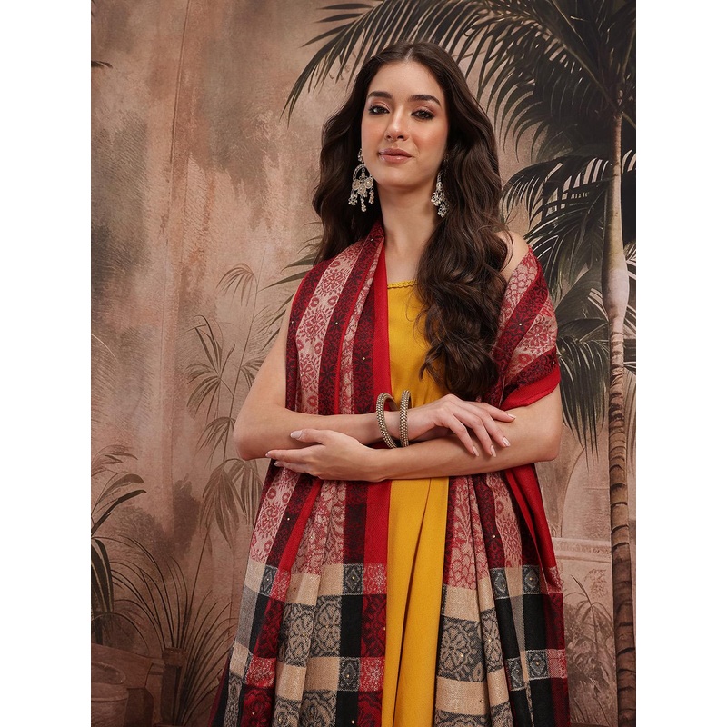 Sangria Ethnic Motifs Woven Design Embellished Pure Wool Ethnic Shawl with Fringed Border