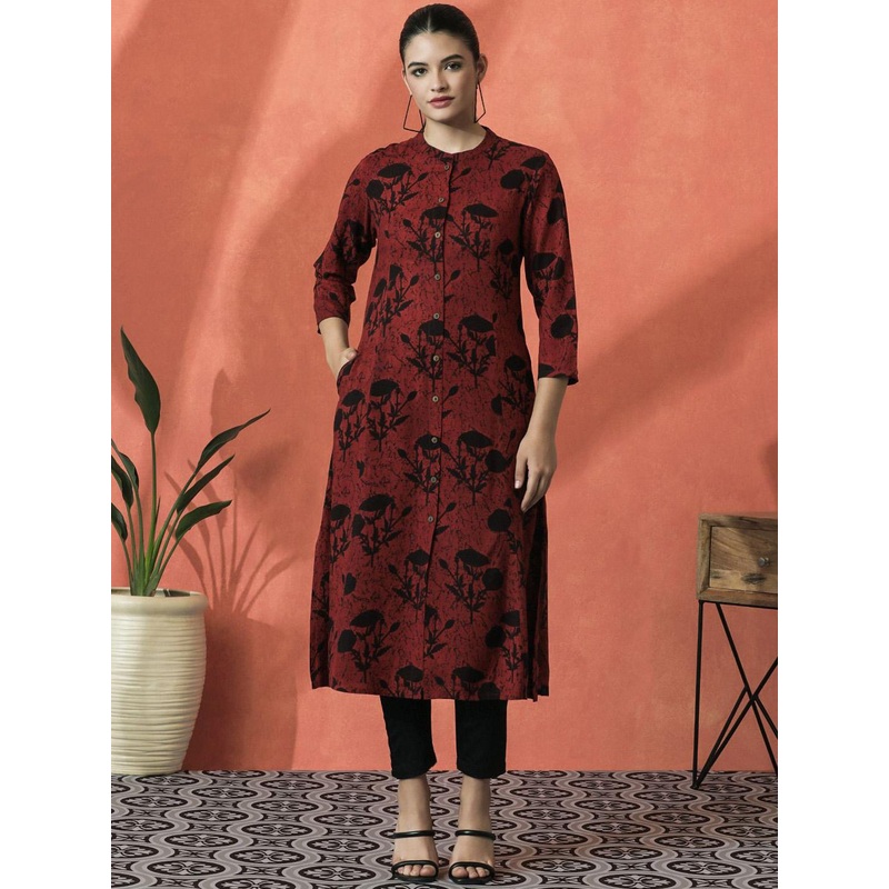 Sangria Floral Printed Mandarin Collar Three-Quarter Sleeves Panelled A-Line Kurta