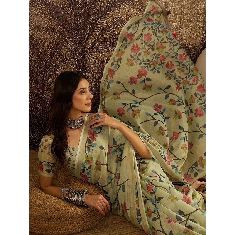 Sangria Floral Printed Zari Border Jamdani Saree With Blouse Piece
