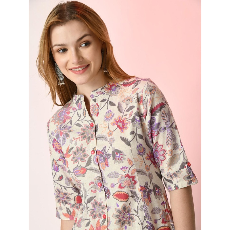 Sangria Off White Floral Printed Mandarin Collar Cotton A-Line Kurta