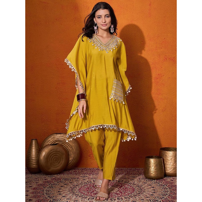 Sangria V-Neck Short Sleeves Regular Mirror Work A-Line Kaftan With Trouser