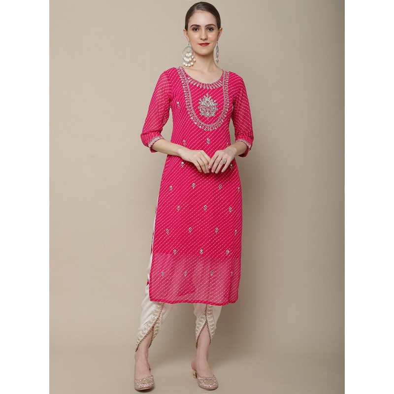 Sangria Women Pink Floral Embroidered Georgette Straight Kurta