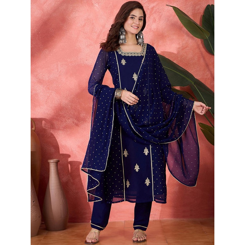 Sangria Women Zari Sequence Thread Embroidered Straight  Kurta With Trousers & Dupatta