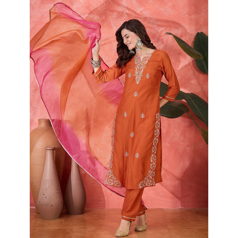 Sangria Zari Ethnic Motifs Embroidered Straight Kurta With Trouser & Dupatta