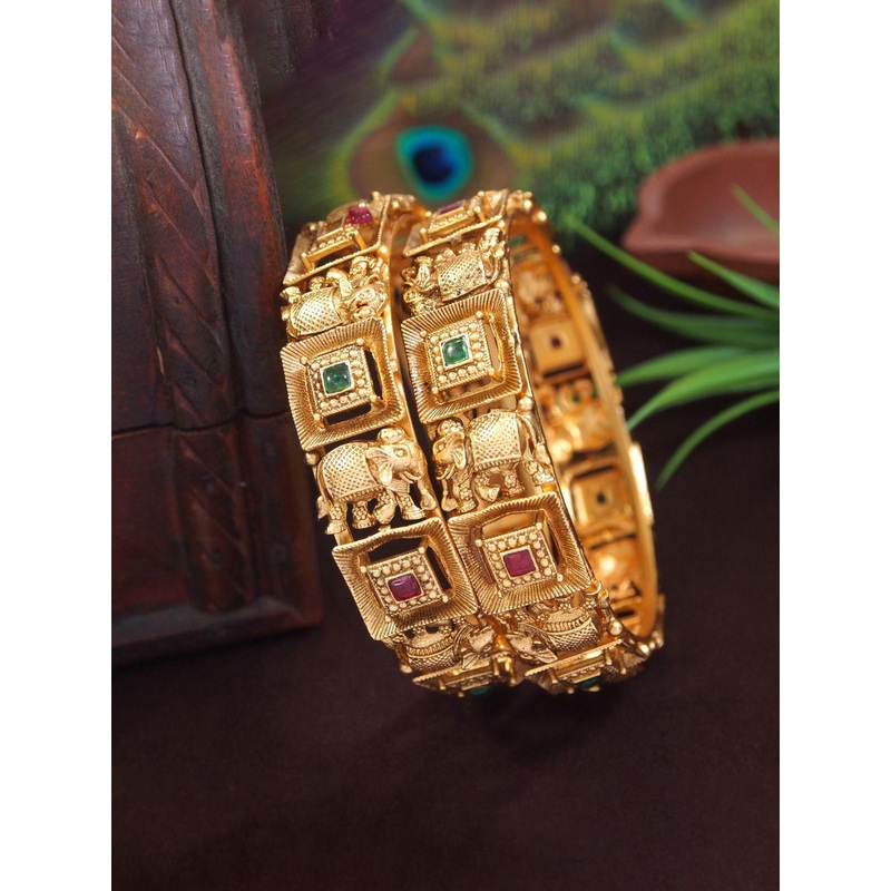 SGA FASHION Set Of 2 Gold-Plated American Diamond Studded Meenakari Bangles