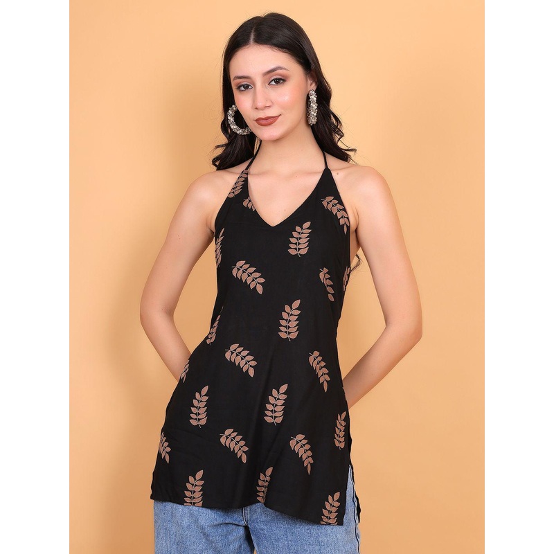 StyFun Floral Printed Halter Neck Sleeveless Backless Kurti