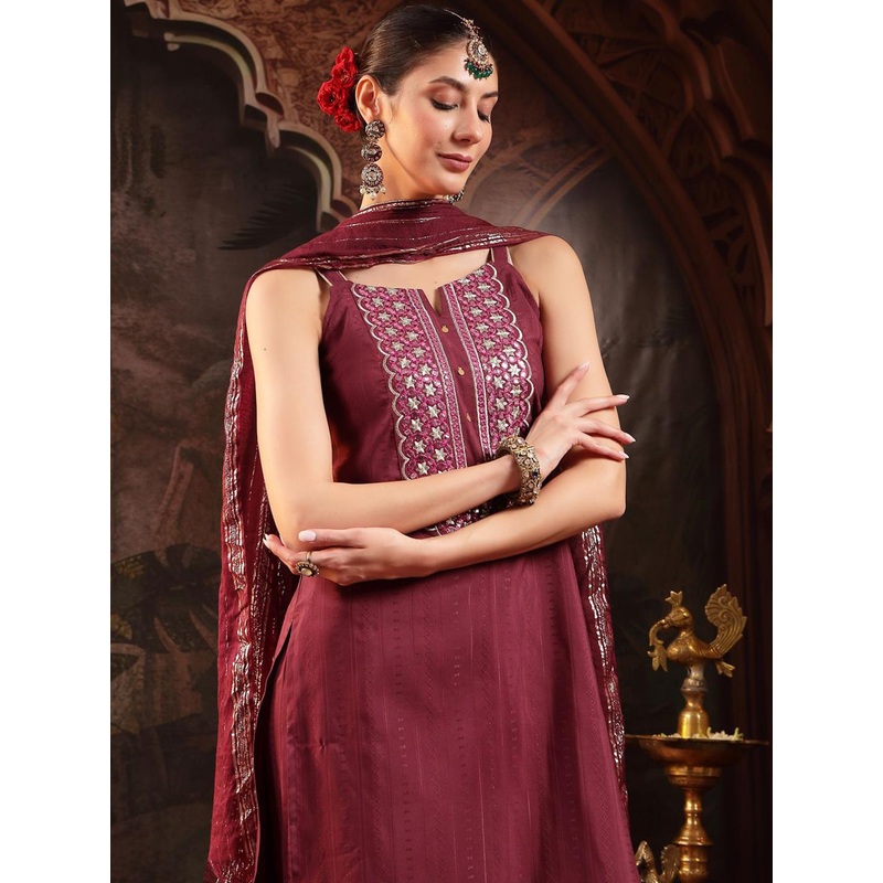 Stylum Floral Woven Design Notch Neck Shoulder Straps Kurta With Palazzos & Dupatta