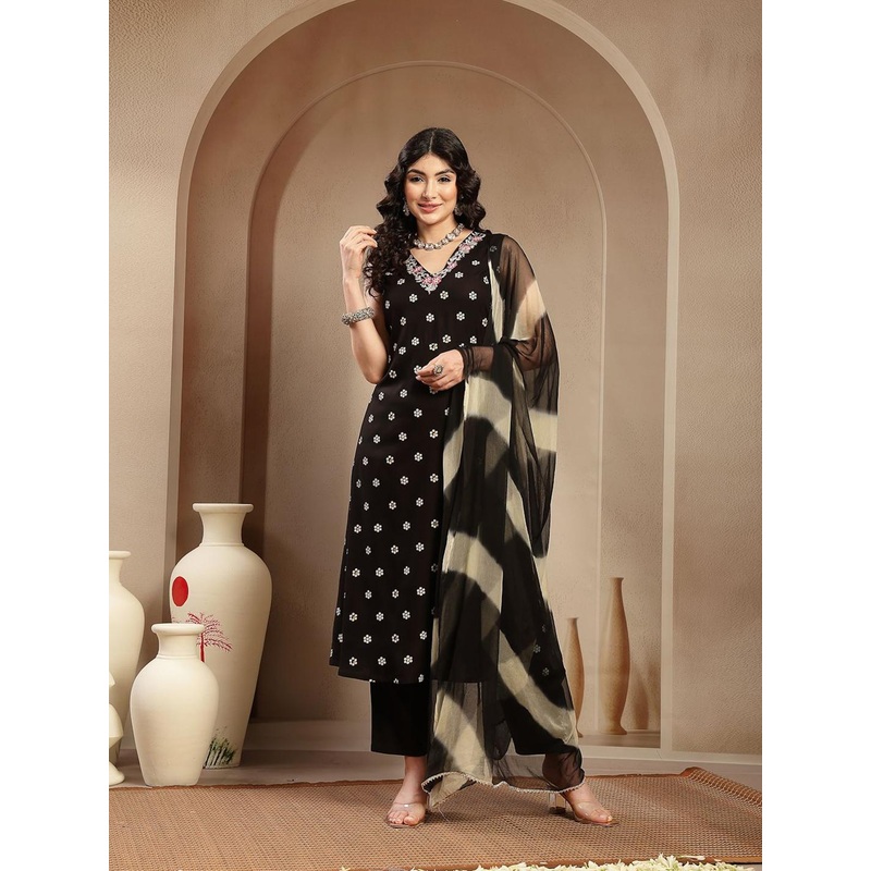 Stylum Women Floral Printed & Embroidered Rayon A-Line Kurta With Dupatta