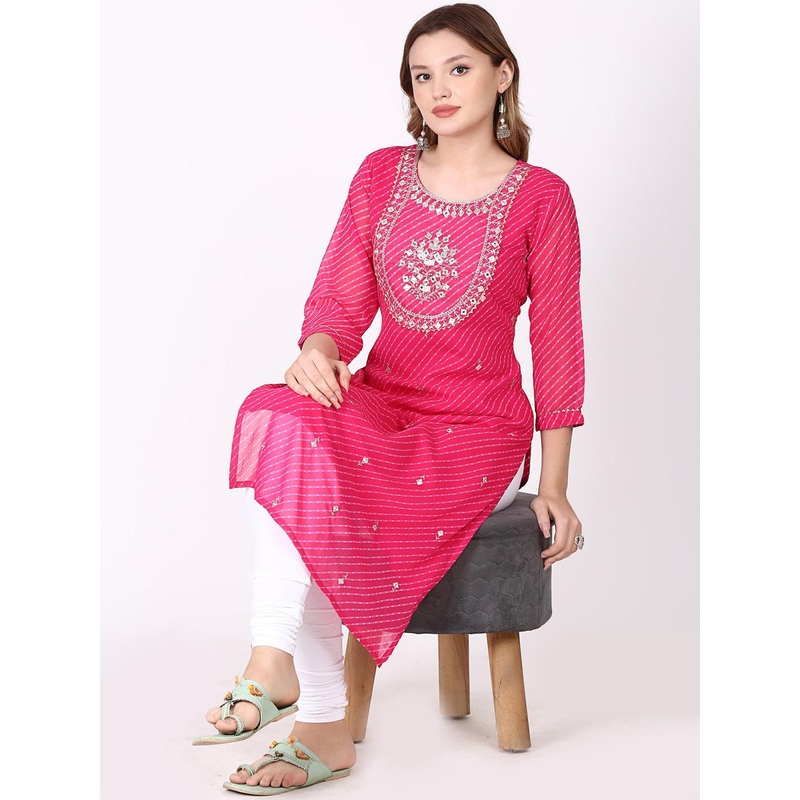 Tulip Eden Geometric Embroidered Round Neck Thread Work Georgette Straight Kurta