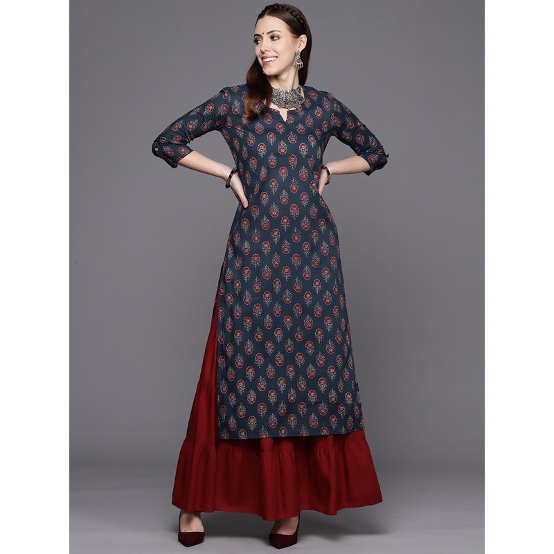 Varanga Navy Blue Ethnic Motifs Jaipuri Printed Cotton Straight Kurta