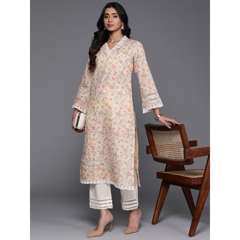 Varanga Off White Ethnic Floral Printed V Neck Flared Sleeves Lace Pure Cotton Kurta