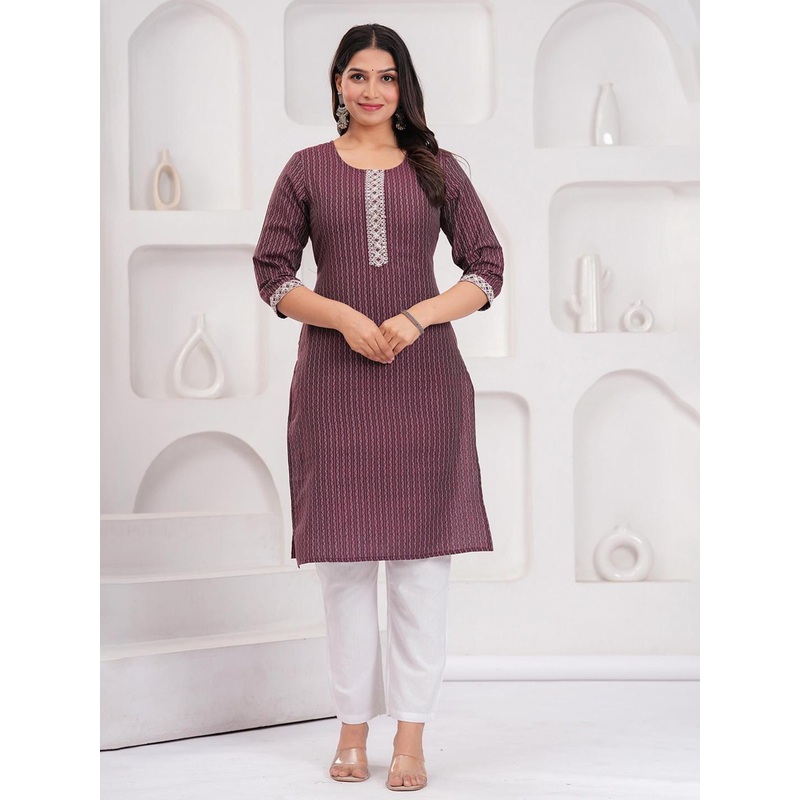 VCJ Womens Printed Maroon Cotton Kurta