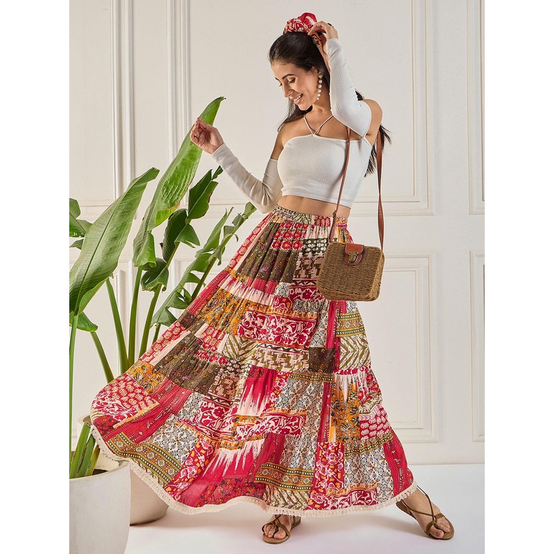 WineRed Women Ethnic Motifs Printed Tiered Maxi Skirt