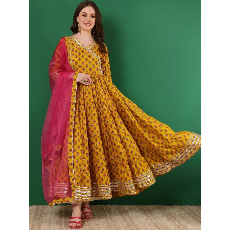 WOMENCLICK Floral Printed Angraha Gotta Patti Anarkali Kurta With Dupatta