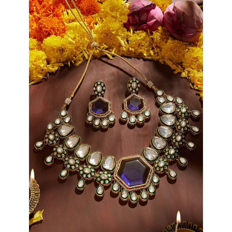 Zaveri Pearls Gold-Plated Austrian Diamonds Stone-Studded Meenakari Jewellery Set