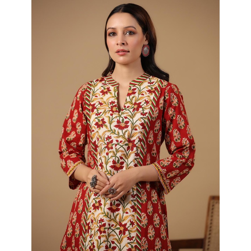 anayna Floral Printed Mandarin Collar Straight Pure Cotton Kurta With Trousers