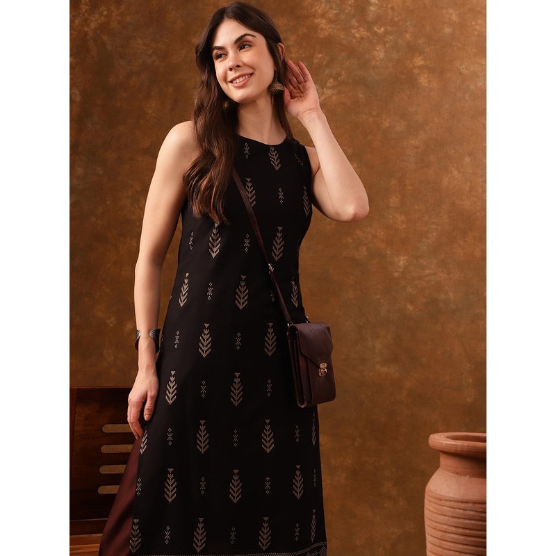 Anouk Black Ethnic Motifs Printed Sleeveless Straight Kurta