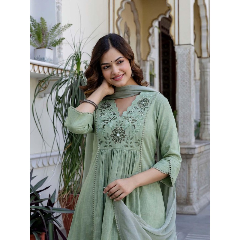 Anouk Floral Yoke Design V-Neck Empire Aari Work Pure Cotton Kurta with Pyjamas & Dupatta