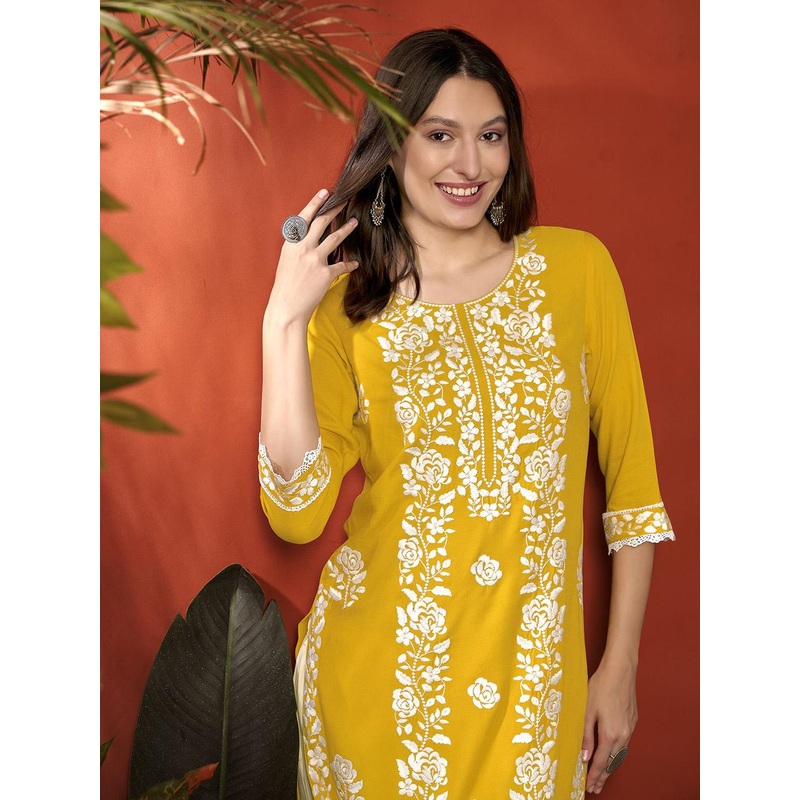 Anouk Yellow Floral Embroidered Round Neck Straight Kurta