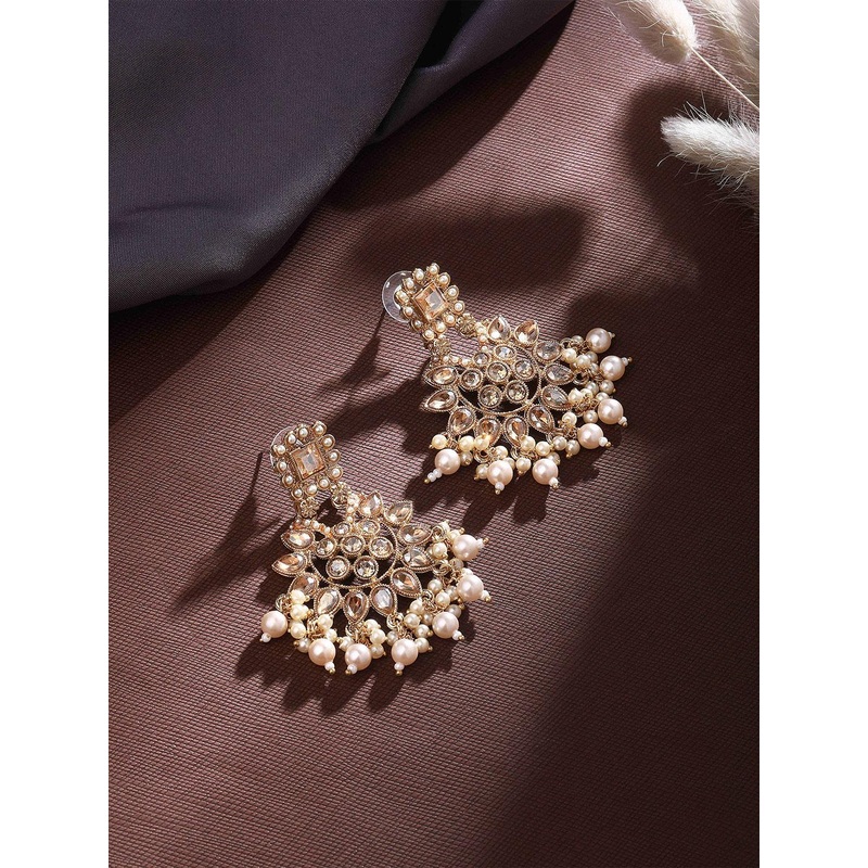 ASMITTA JEWELLERY Gold-Plated Stones Studded & Pearls Beaded Contemporary Drop Earrings
