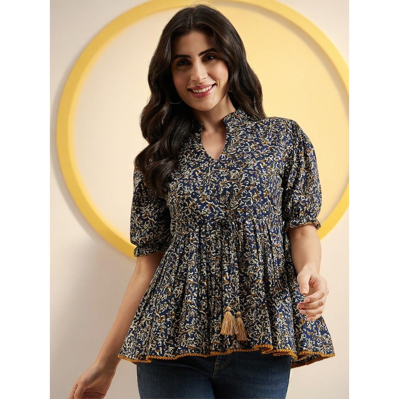 Azira Floral Print Mandarin Collar Puff Sleeve Cotton Peplum Top