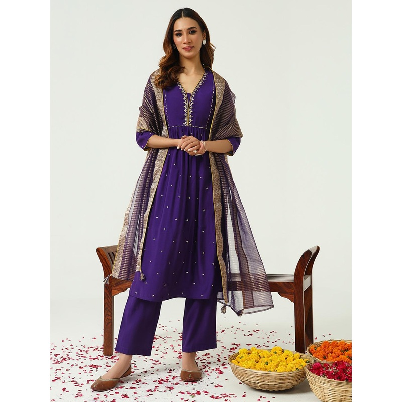 FIORRA Floral Embroidered Zari Work Chanderi Cotton A-Line Kurta with Trousers & Dupatta