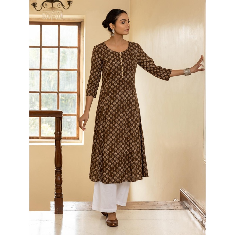 FIORRA Floral Printed Round Neck Three-Quarter Sleeves Cotton A-Line Kurta