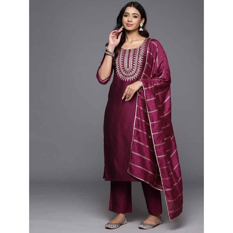Gerua By Libas Floral Yoke Design Straight Sequinned Kurta With Trousers & Dupatta