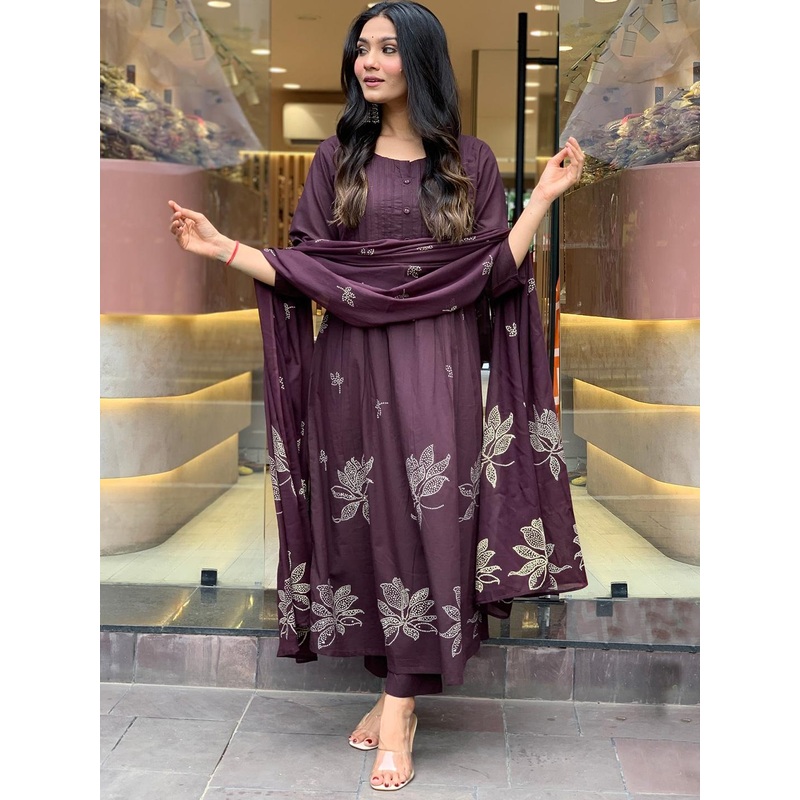 GoSriKi Floral Printed Round Neck Anarkali Kurta With Trousers & Dupatta