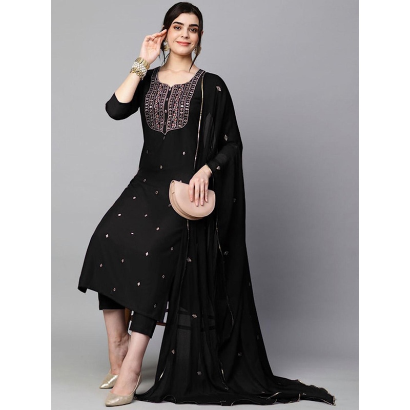 GoSriKi Women Ethnic Motifs Embroidered Regular Kurta With Trousers & Dupatta