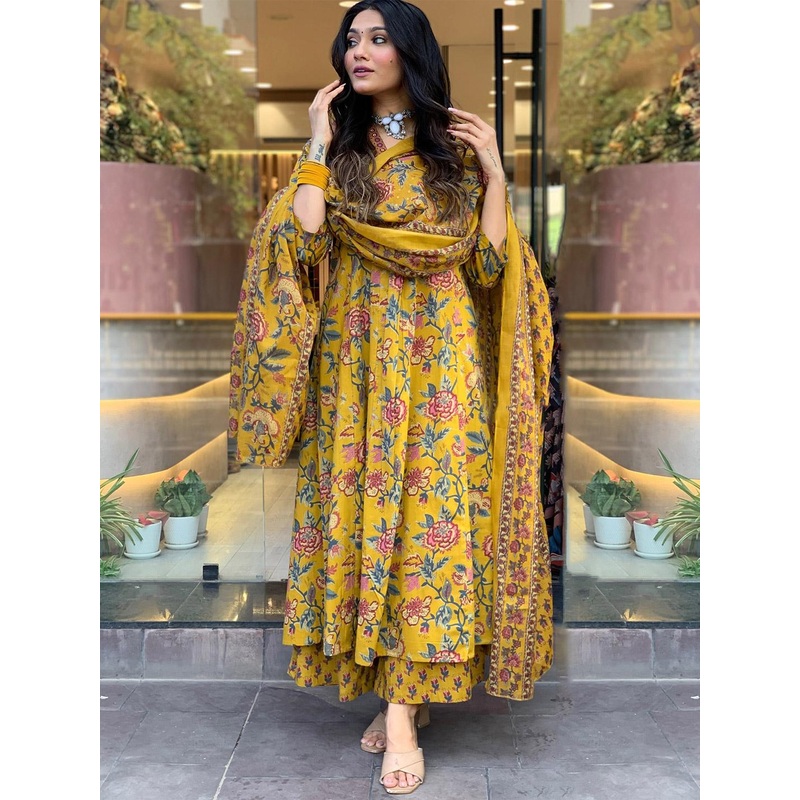 GoSriKi Women Floral Printed V-Neck Anarkali Kurta with Palazzos & With Dupatta