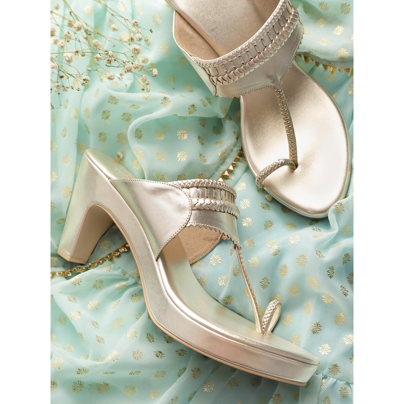 House of Pataudi Women Muted Gold-Toned Braided Handcrafted One Toe Heels