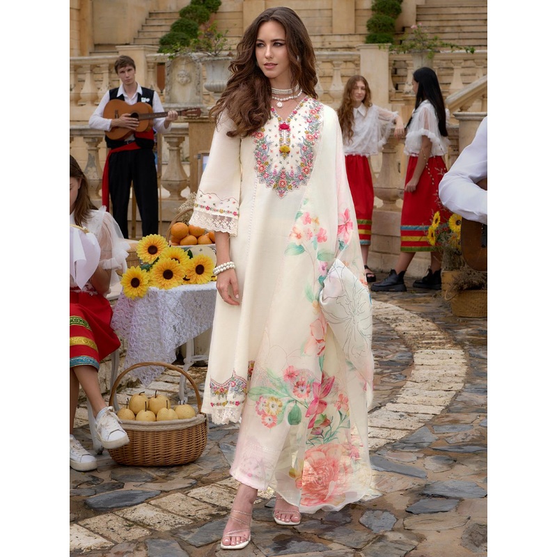 Indo Era Floral Embroidered Kurta With Trousers & Dupatta