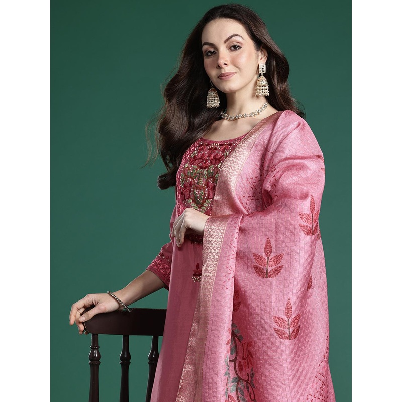 Indo Era Floral Embroidered Thread Work Kurta with Trousers & With Dupatta