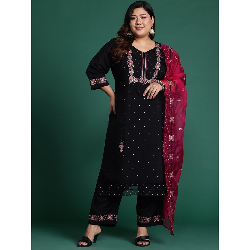 Indo Era Plus Size Floral Embroidered Sequinned Kurta with Trousers & Dupatta