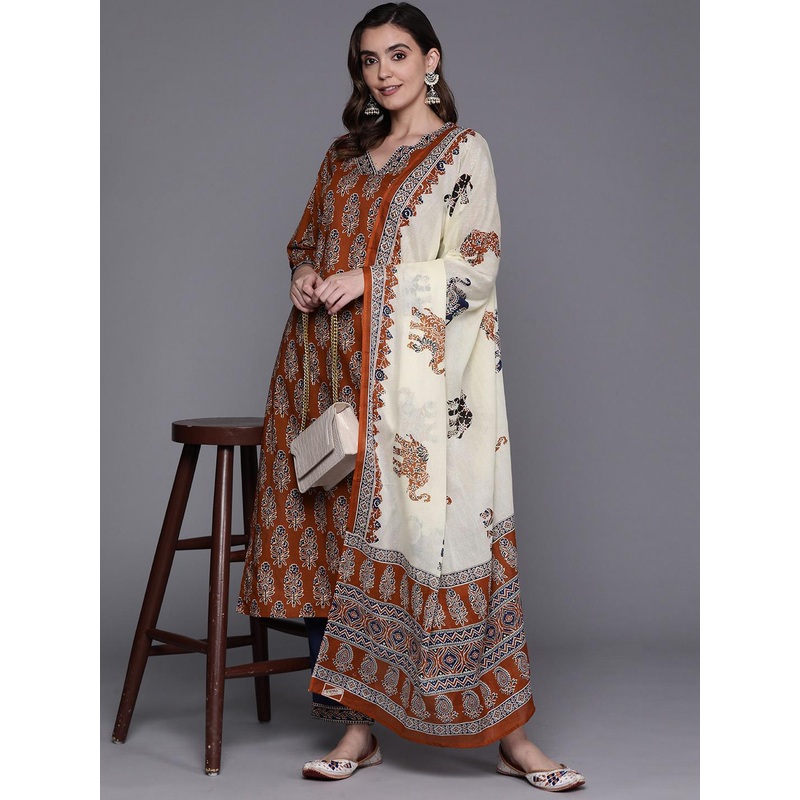 Indo Era Women Ethnic Motifs Printed Pure Cotton Kurta with Trousers & With Dupatta