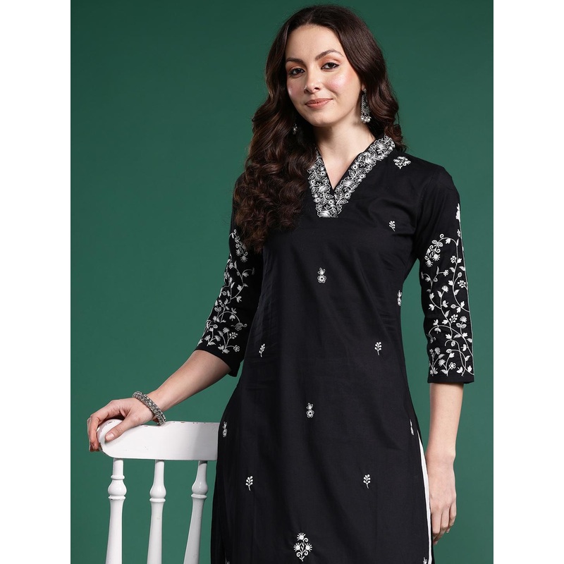 Indo Era Women Floral Embroidered Thread Work Pure Cotton Kurta