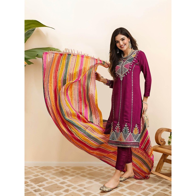 Ishin Ethnic Motifs Embroidered Pure Cotton Straight Kurta with Trousers & Dupatta