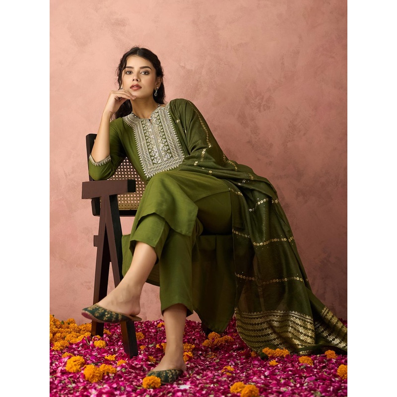 KALINI Ethnic Motifs Embroidered Straight Kurta With Trousers & Dupatta