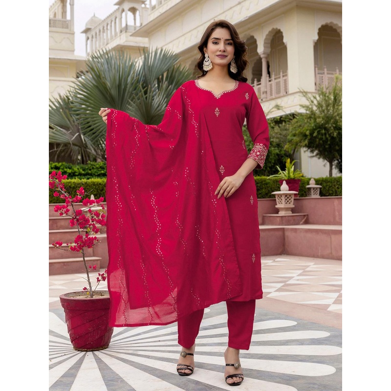 KALINI Ethnic Motifs Embroidered Thread Work Detail Straight Kurta & Trousers With Dupatta