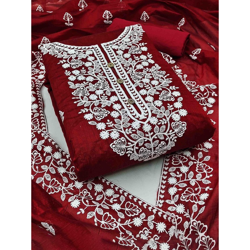 KALINI Floral Embroidered Thread Work Chanderi Cotton Unstitched Dress Material