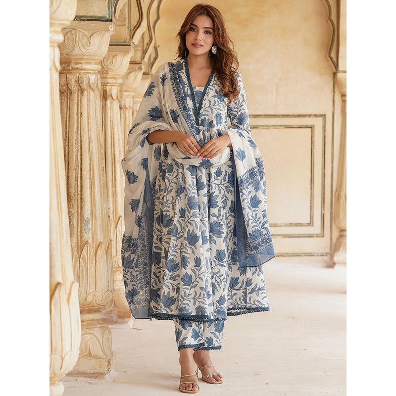 KALINI Floral Printed Anarkali Pure Cotton Kurta with Trousers & Dupatta