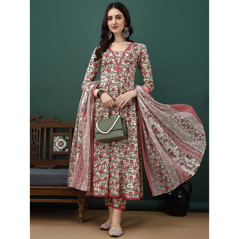 KALINI Floral Printed Pure Cotton Anarkali Kurta With Trousers & Dupatta